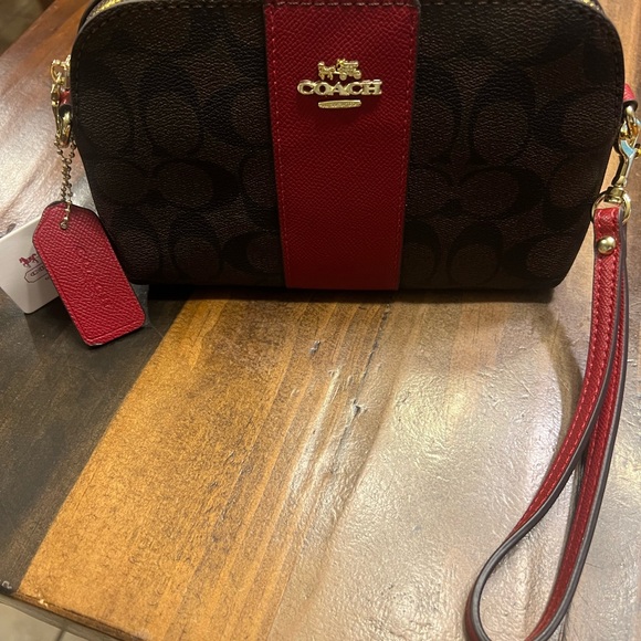 Coach Handbags - Coach Brown and Red Women's Wristlet with Long Strap NWT